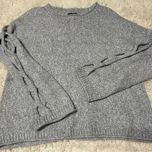 a.n.a Gray Crew Neck Sweater with Lace-Up Sleeves
